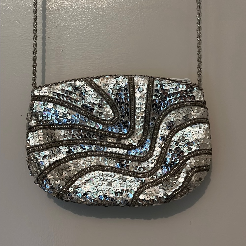 Retro Style Silver Beaded Sequin Purse Handbag Crossbody with fun beaded Strap